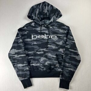 Bebe‎ Sport Camouflage Spellout Logo Hoodie Women's Size M Pullover Black Gray